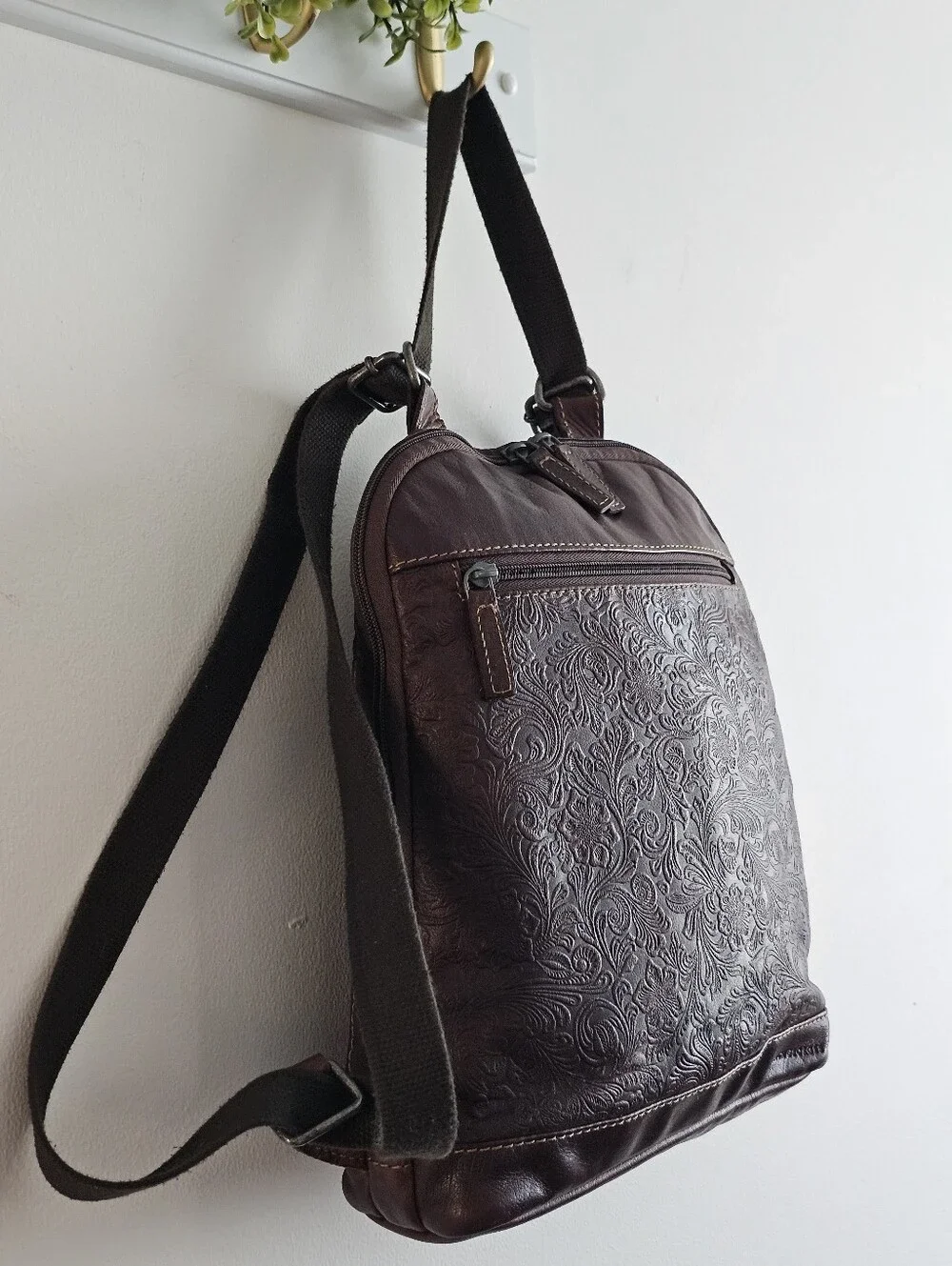 Jack Georges Voyager Convertible Backpack Brown Buffalo Leather Floral Embossed